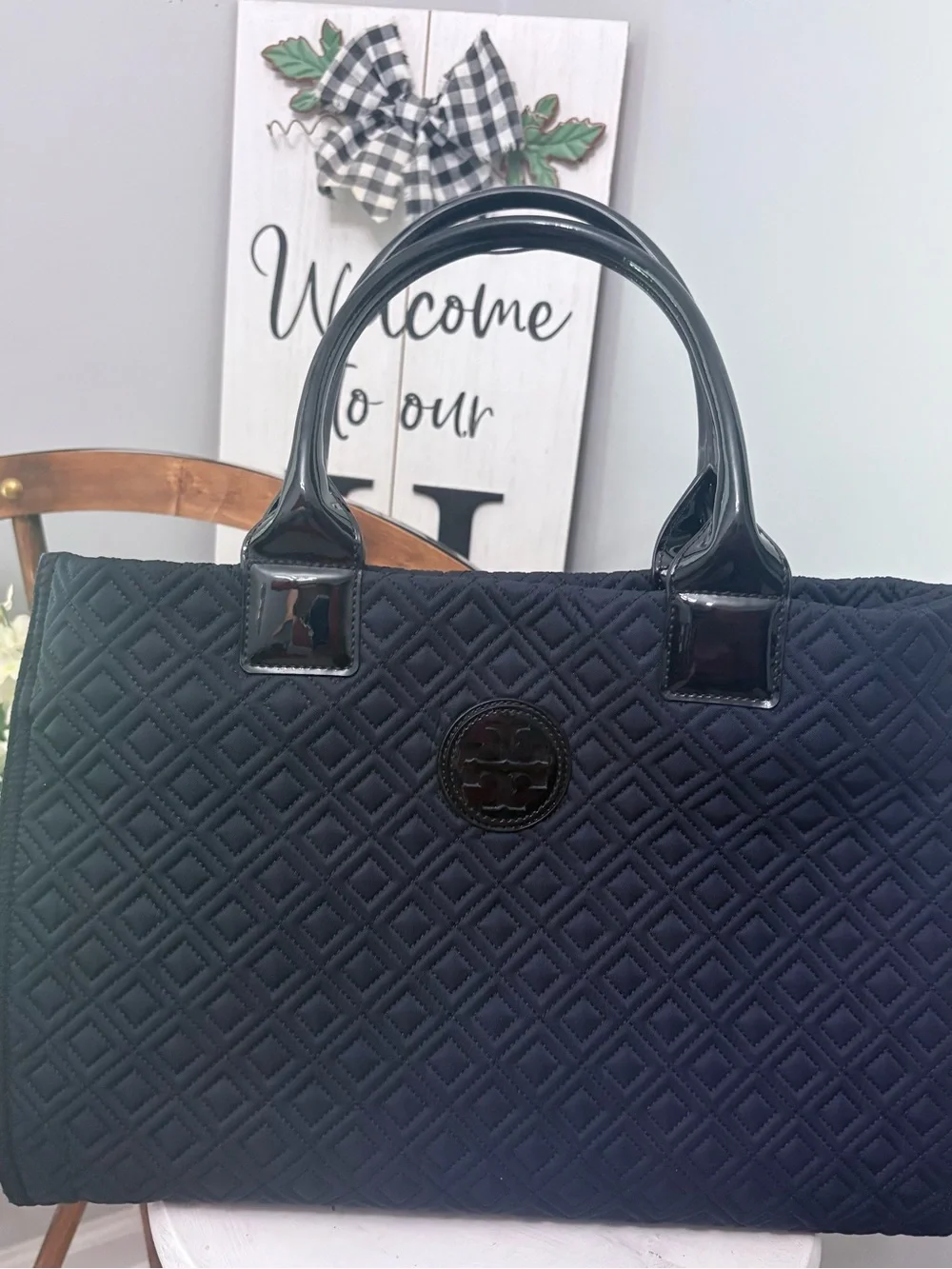 TORY BURCH Black Quilted Satchel Tote with side buttons